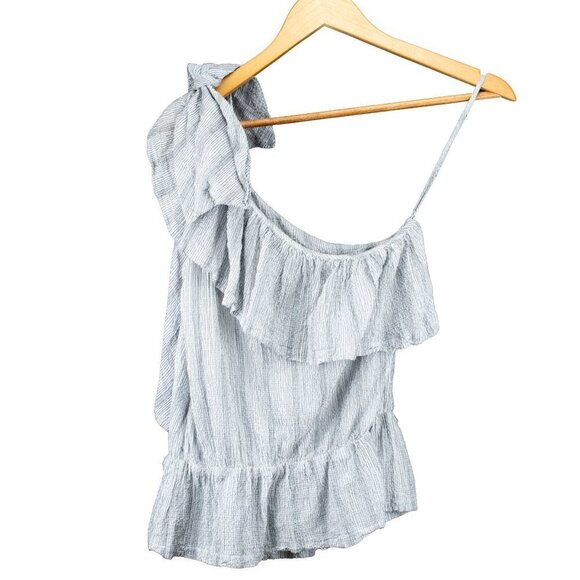 Jill‎ Stuart Luxury Flounce Peplum Bow One Shoulder Light Gray Stripped top s6 - Picture 3 of 3